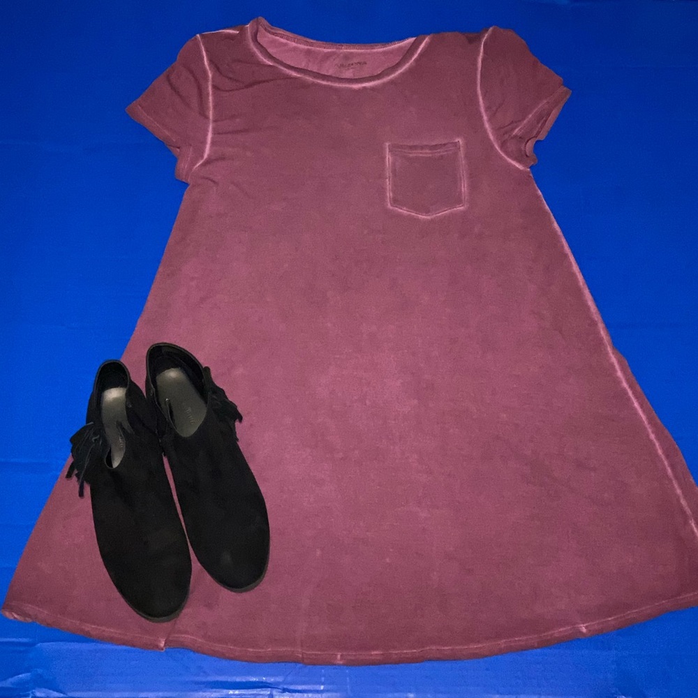 Burgundy t-shirt dress.
